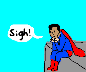 a drawing of a man in a blue suit with a red cape sitting on a.