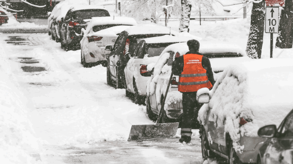 a man in an orange vest is shoveling snow from cars.