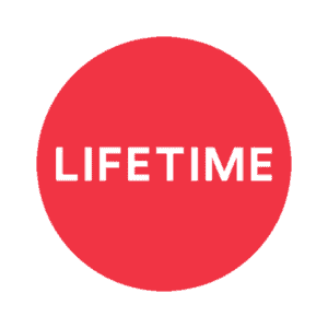 a red circle with the words life time in white letters.