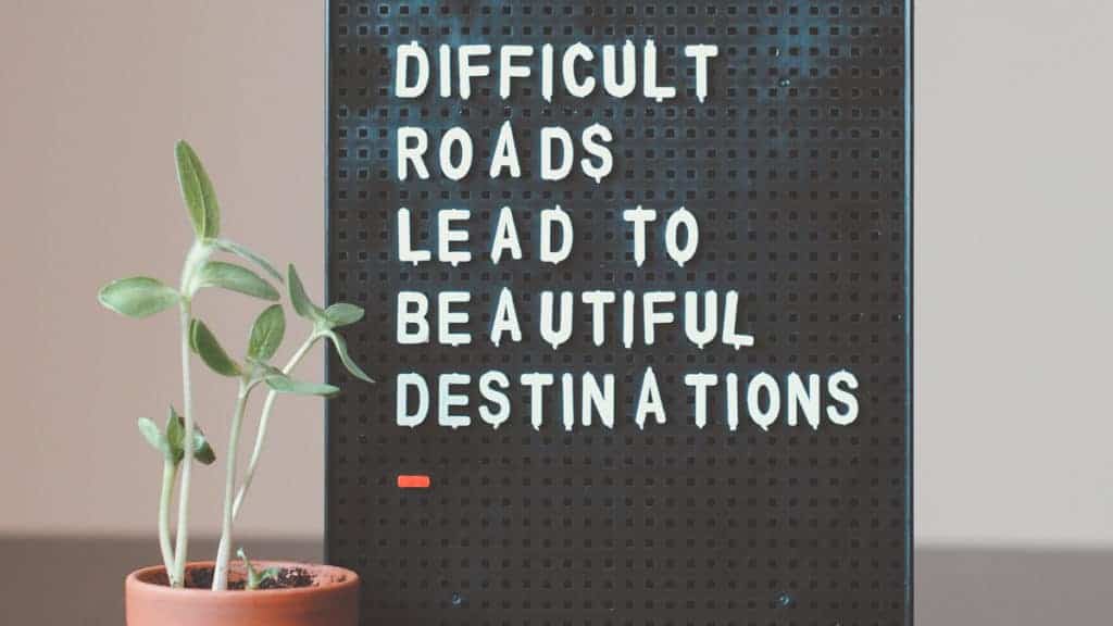 a small potted plant sitting next to a sign that says difficult roads lead to.