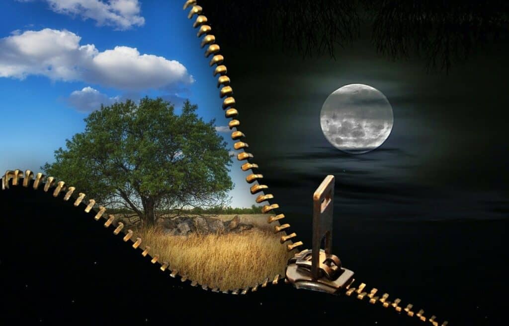 A surreal image unfolds like a story by Luvvie Ajayi, where a zipper transitions from night to day, revealing a landscape with a tree under a blue sky on one side and a moonlit night on the other.