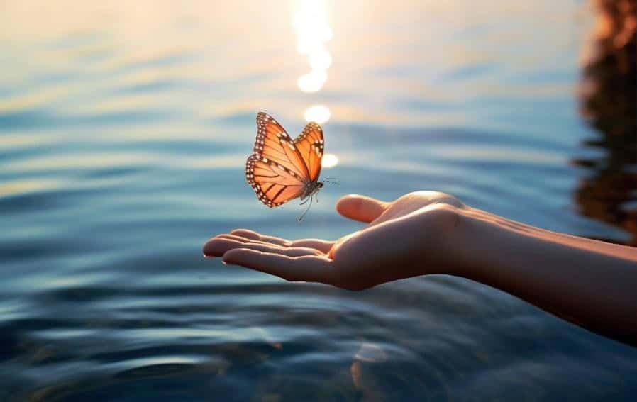 A butterfly hovers above an open hand near a calm body of water with sunlight reflecting on the surface.