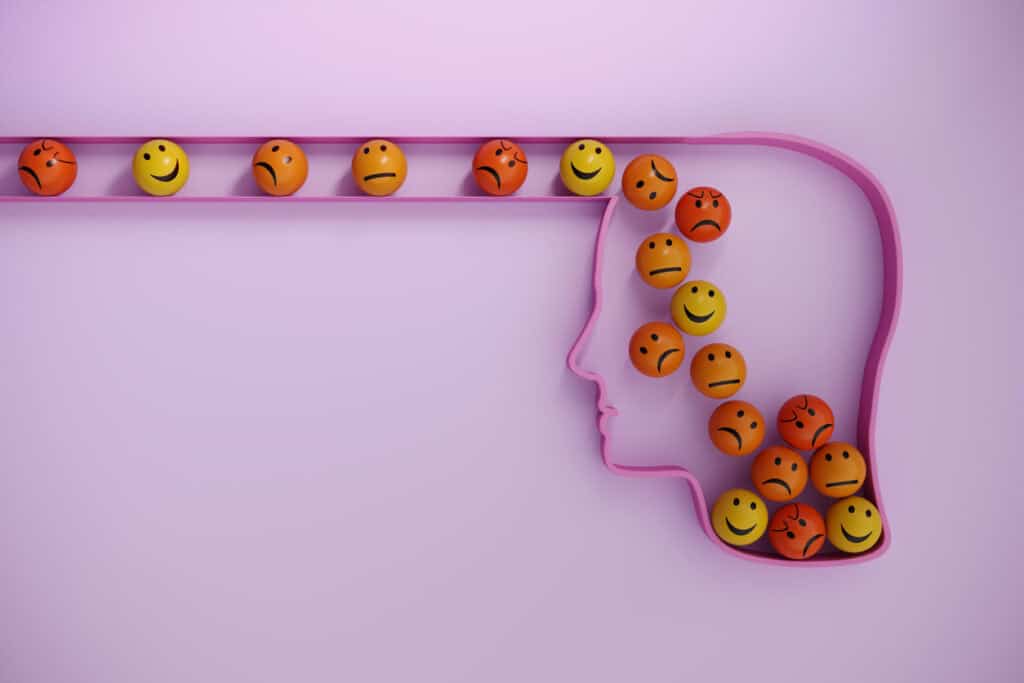 Outline of a human head with smiling, neutral, and frowning emoji balls entering the head through a channel on a pink background, symbolizing different emotions as explored in the Fascinate Test.