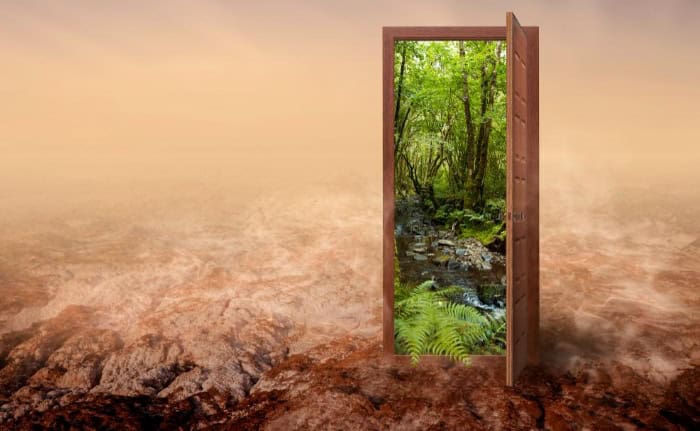 A wooden door stands open in a barren, dry landscape, revealing a lush green forest and a creek on the other side.