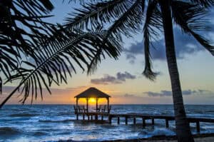 A wooden gazebo on a pier over the ocean at sunset, framed by palm trees and silhouetted against the colorful sky—a true dopamine menu for your senses.