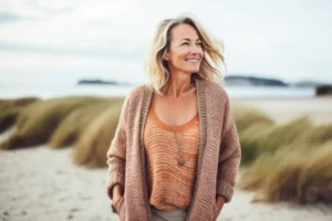 A woman with blonde hair wearing a brown sweater and orange top stands on a sandy beach with dunes in the background, smiling.